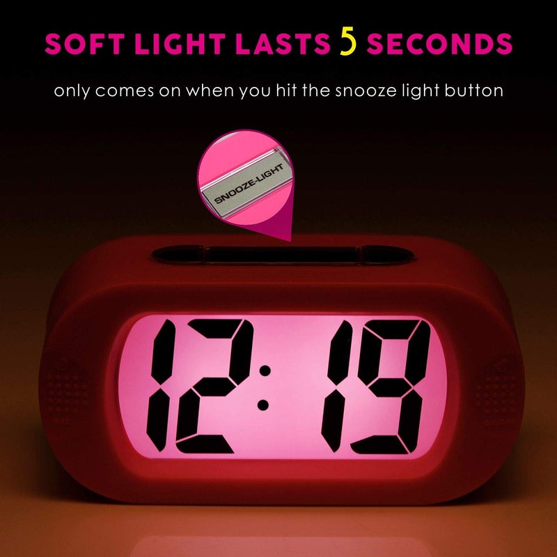Plumeet Kids Alarm Clock Large Digital LCD Travel Alarm Clocks with Snooze and Night Light - Ascending Sound and Handheld Sized - Best Gift for Kids (Pink) - Image 3
